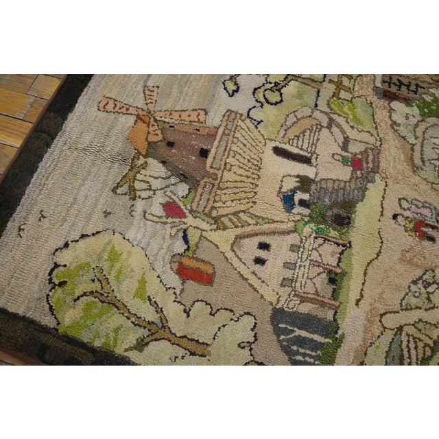 Ecru 1940s Tan Ecru Dutch Windmill Scenic Pictorial Antique American Hooked Rug 3'2" X 5'6" Wool Carpet For Sale - Image 8 of 9