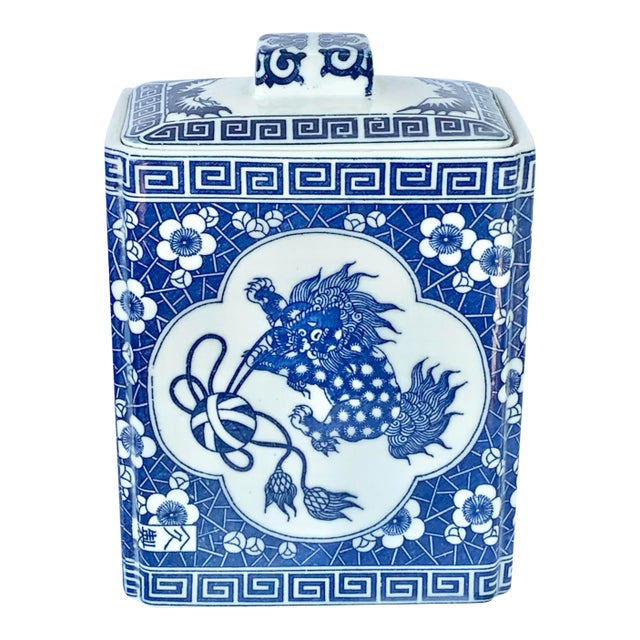 Vintage Blue and White Lidded Container For Sale