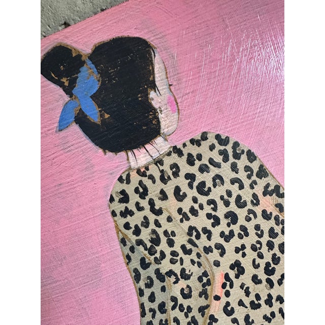 1970s Original Contemporary Folk Art Painting of Girl in Leopard Print Dress on Pink Background For Sale - Image 4 of 9