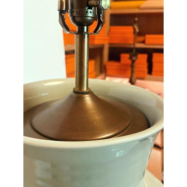 Wood Mid 20th Century Large Celadon Green Ceramic Urn Table Lamp For Sale - Image 7 of 11