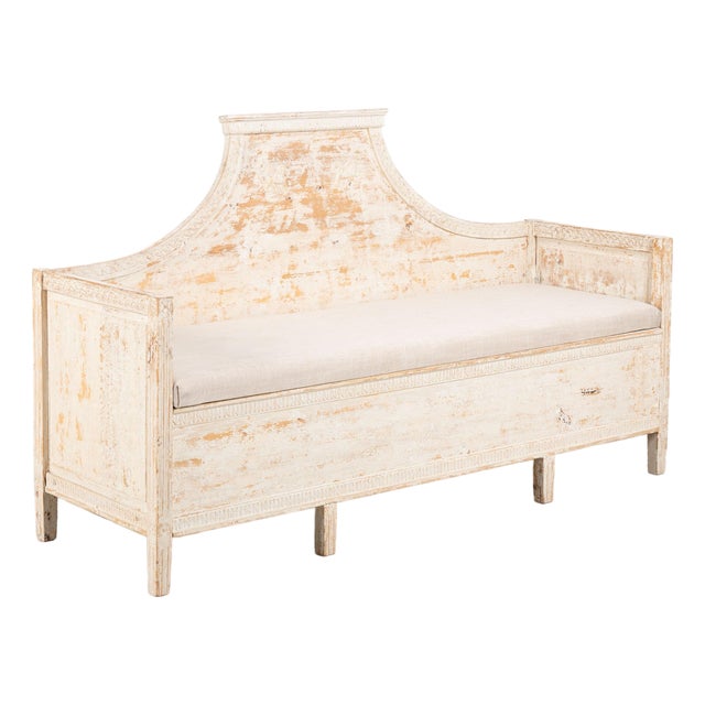19th Century Swedish Antique White Painted Pine Gustavian Bench With Griffins For Sale