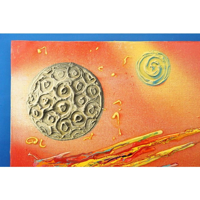 Rare and unique abstract oil painting on canvas, highly textured, featuring a sphere resembling a moon in a red sky, and...