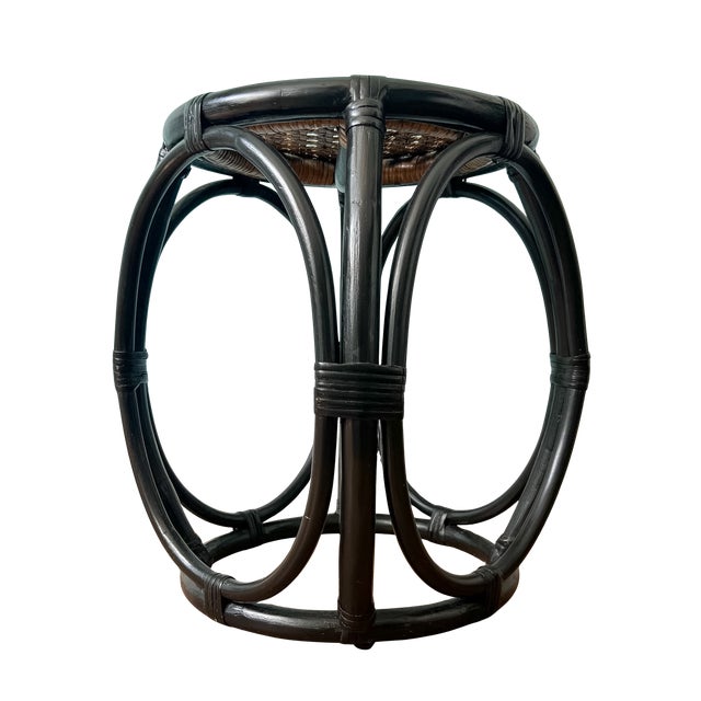 Late 20th Century Vintage Black Rattan & Woven Cane Low Stool / Side Table / Plant Stand – British Colonial / Boho For Sale - Image 5 of 11