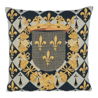 Fleur De Lys Grey Gold Tapestry Cushion With Feather Filler - 46 X 46cm For Sale