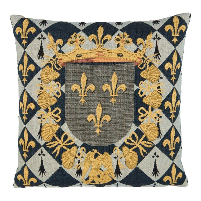 Fleur De Lys Grey Gold Tapestry Cushion With Feather Filler - 46 X 46cm For Sale