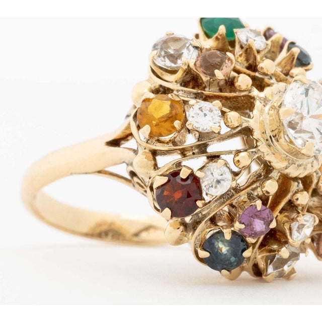 14k Yellow Gold and Multicolored Gemstone Cluster Ring For Sale - Image 10 of 13