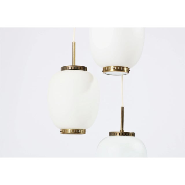 Danish Brass and Opaline Glass Chandelier by Bent Karlby for Lyfa, 1950s For Sale - Image 3 of 10