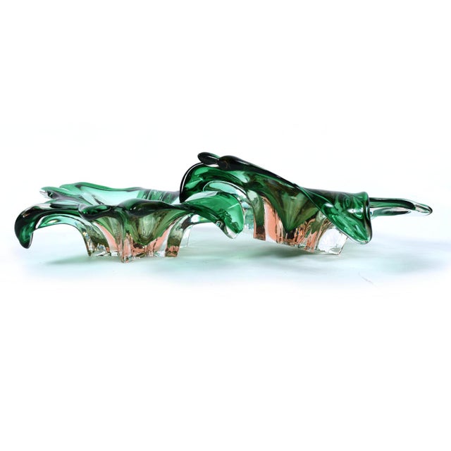 Pair of Green and Pink Amorphic Botanical Floral Murano Glass Dishes For Sale - Image 4 of 7