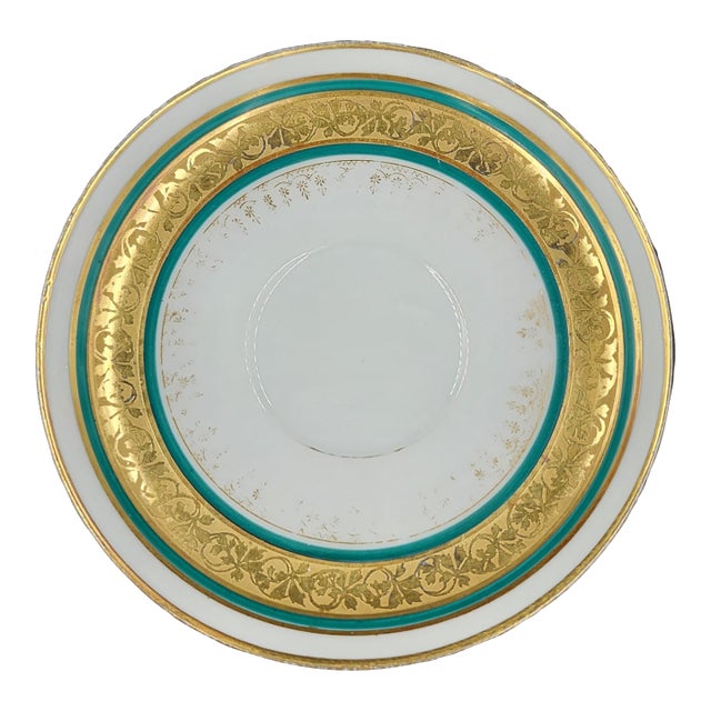 Antique William Guerin & Co. Limoges France Porcelain Saucer Celeste Teal & Encrusted Gold c.1891-1932 For Sale