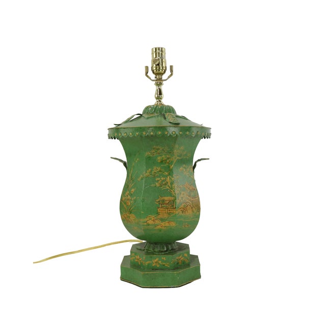 Vintage Handcrafted Forged Iron Green Hand-Painted Gold Chinoiserie Table Lamp. The green handcrafted wrought iron lamp...