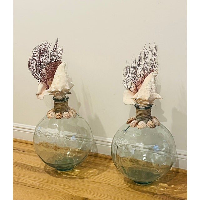 Coastal Fabulous Pair of Sea Shells Glass Demijohn Bottles For Sale - Image 3 of 9