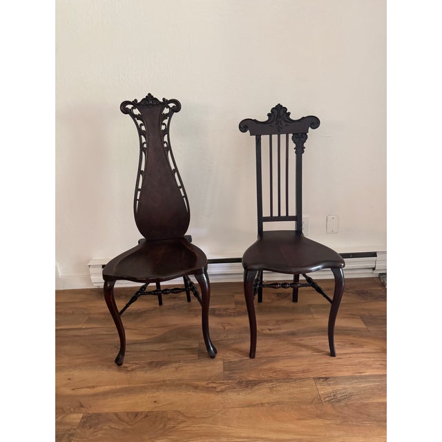 Victorian Pair of Antique 19th Century Music Room Chairs | String Instrument Lyre Form Carved Wood Side Chairs | Victorian Parlor Chairs For Sale - Image 3 of 5