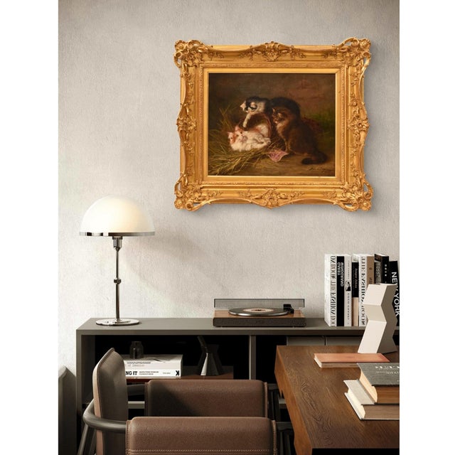The category Antique Paintings, Cat Portraits presents a charming oil on canvas painting depicting a still life with three...