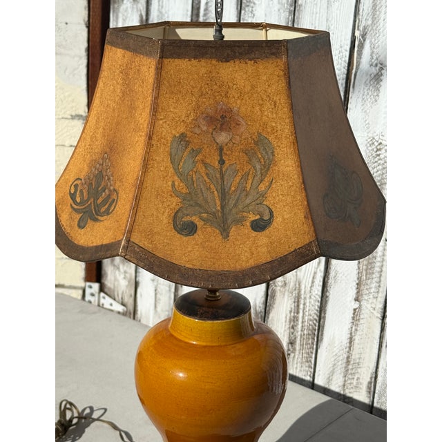 1940s Eggyolk Chinese &Terracotta Color Lamp With Custom Floral With Hand Painted Parchment Shade For Sale - Image 4 of 18