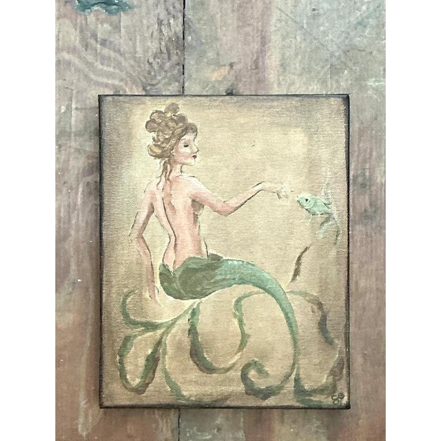 Green Vintage Oil Painting of Mermaid on Canvas For Sale - Image 8 of 12