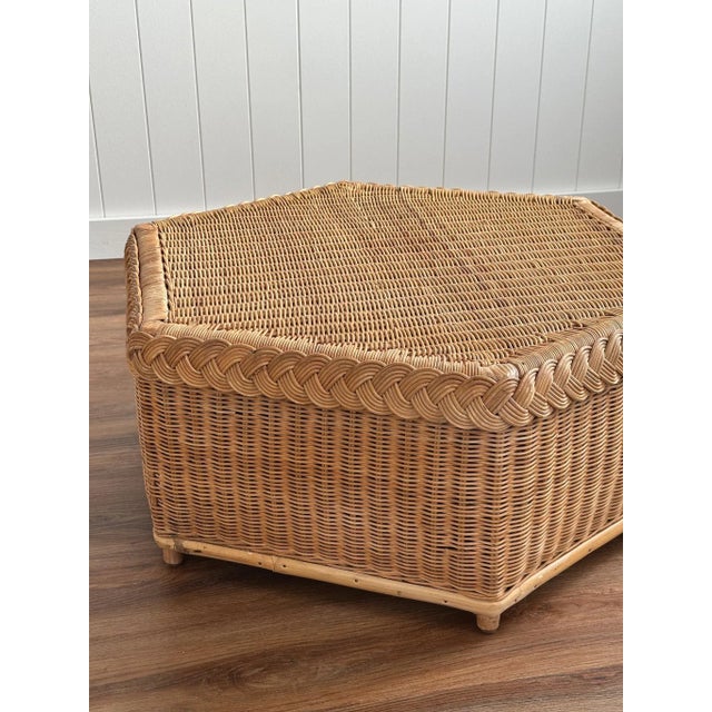 Vintage Brown Jordan Braided Wicker Hexagonal Coffee Table For Sale - Image 13 of 15