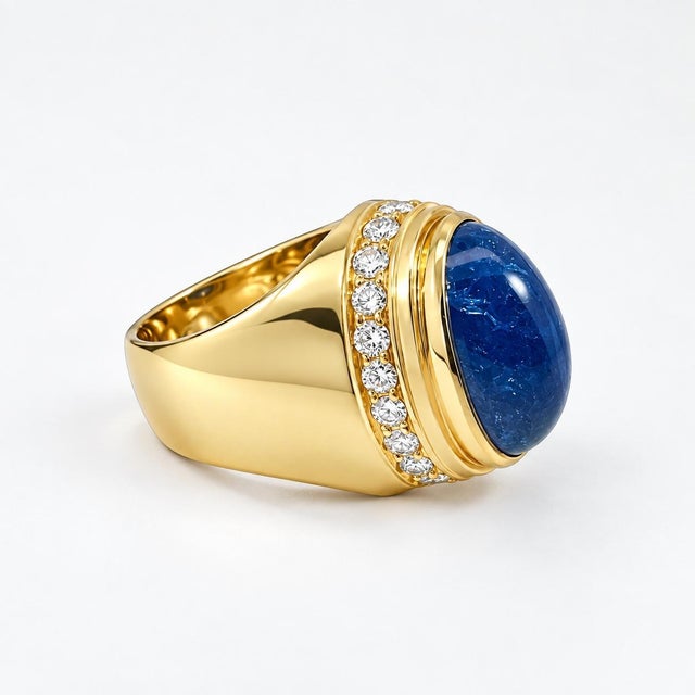 Enhance your collection with this striking 18k yellow gold ring, a masterpiece of refined design. At its center, a...