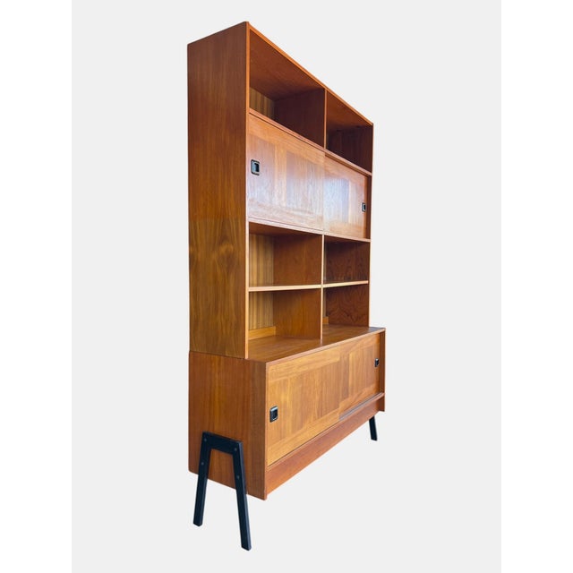 Domino Restored 1960s Danish Modern Teak Bookcase – Sliding Doors & Open Display Shelves For Sale - Image 4 of 16