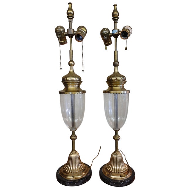 Hollywood Regency Vintage Chapman Hollywood Regency Style Brass Glass Table Lamps - a Pair For Sale - Image 3 of 10