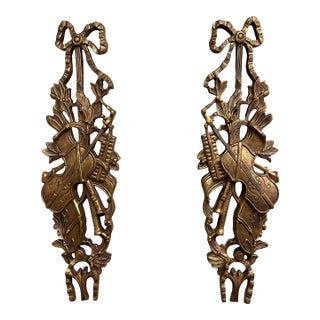 Pair of Mid-Century Italian Louis XVI Giltwood Musical Wall Trophies For Sale