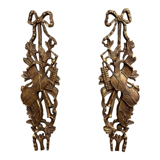 Pair of Mid-Century Italian Louis XVI Giltwood Musical Wall Trophies For Sale