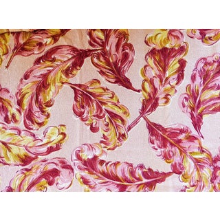 Vintage Mid Century Hand Printed Pink Feather Barkcloth Drapery Fabric Panels For Sale