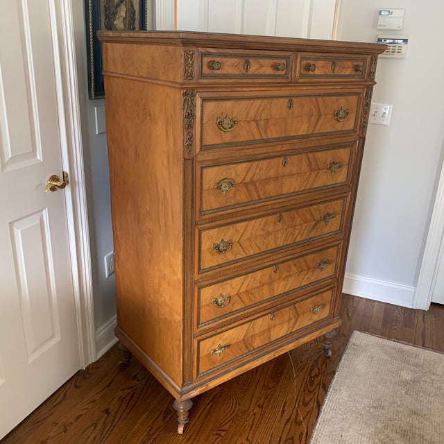 1920s French Louis XVI Style Tall Chest With Book Matched Walnut Veneer and Brass Accents For Sale - Image 4 of 9