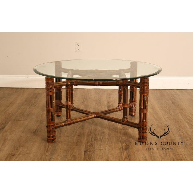 Brown McGuire Bamboo And Rattan Round Glass Top Coffee Table For Sale - Image 8 of 16