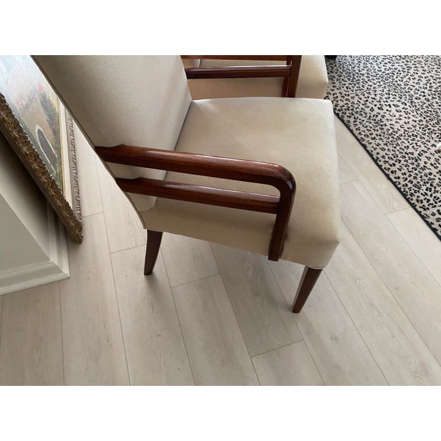 1940s Pair of Art Deco Mahogany Upholstered Chairs With Mahogany Wood Double Arms For Sale - Image 4 of 7