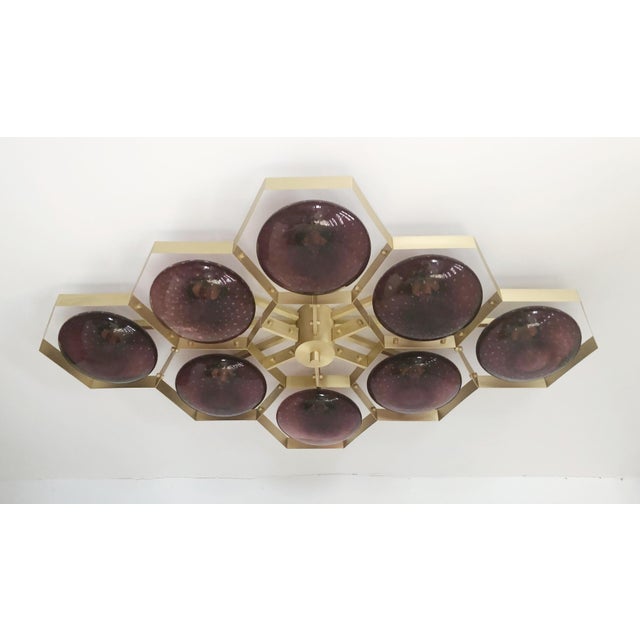 Italian midcentury flush mount with eight amethyst Murano glass shades carefully hand blown with bubbles inside the glass...