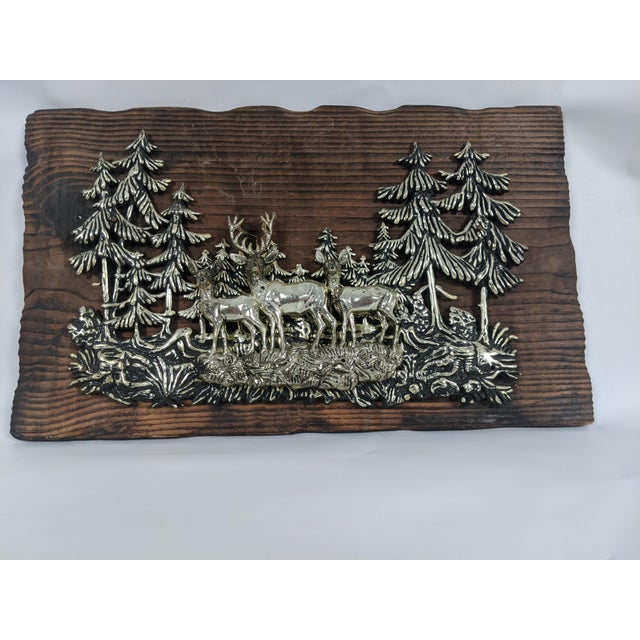 Vintage Silver-Tone Deer Woodland Relief Plaque on Rustic Wood, 13" For Sale In New York - Image 6 of 12