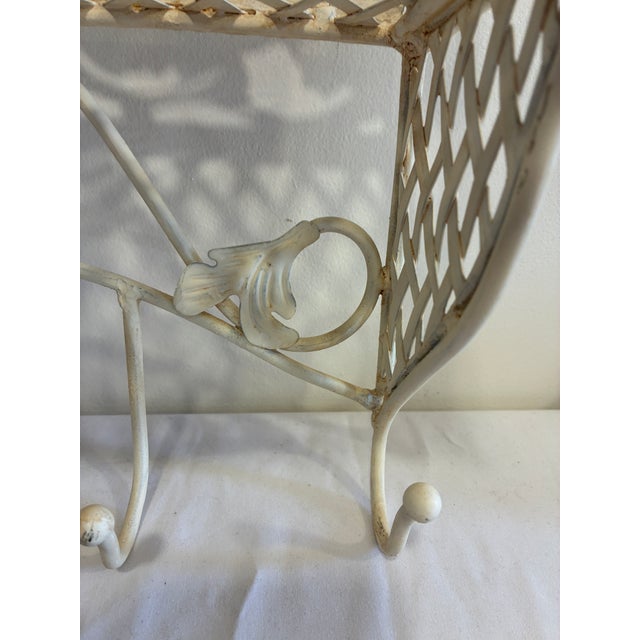 Metal Vintage White Wrought Iron Wall Shelf With Hooks, Ornate Lattice and Floral Detail For Sale - Image 7 of 14