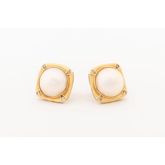 Modernist Mabe Pearl and Diamond 14k Yellow Gold Earrings For Sale - Image 4 of 6