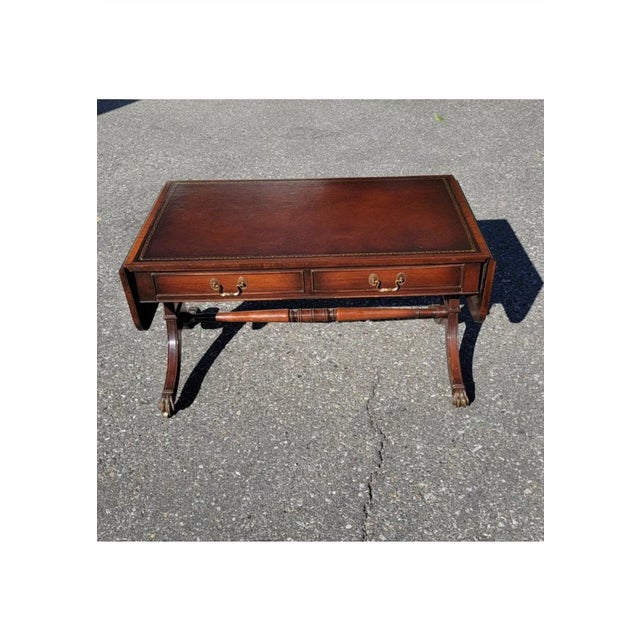 George Iii Style Two-Drawer Mahogany and Leather Top Inset Drop Leaf Coffee Table on Wheels For Sale - Image 12 of 12