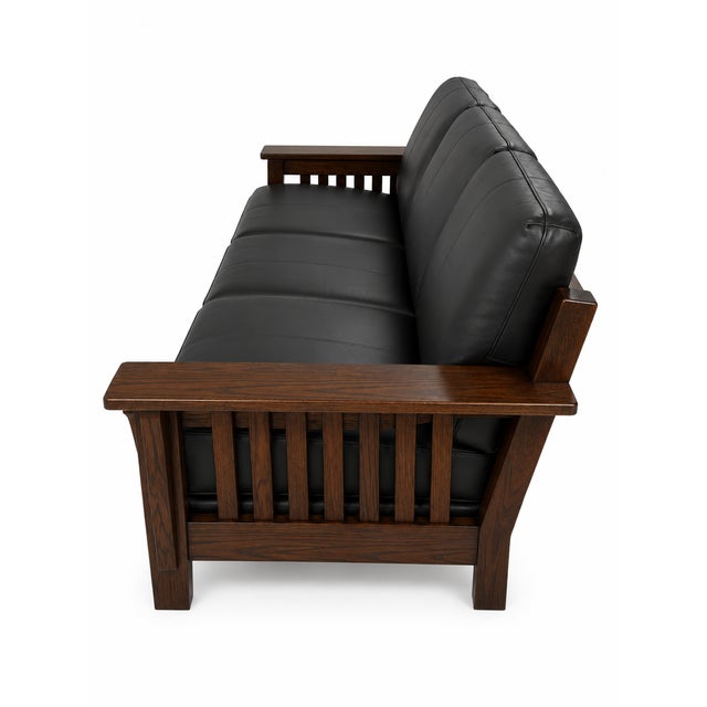 Arts & Crafts Stickley Brothers Mission Oak Arts & Crafts Leather Settle Sofa For Sale - Image 3 of 4