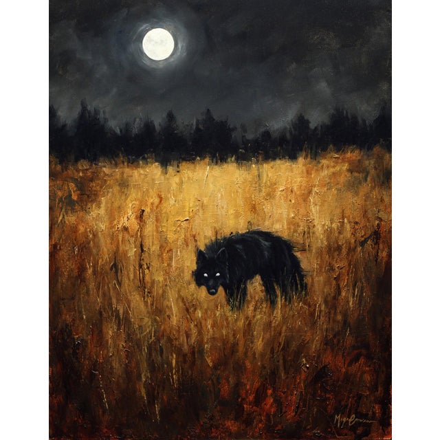 Omen depicts a solitary black wolf standing amidst a field of tall, golden grass under a luminous full moon. The nocturnal...