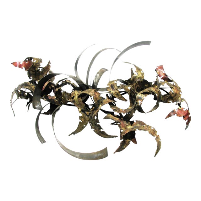 1970s Silas Seandel Mid-Century Modern Large Mixed Metal Brutalist Wall Sculpture, Signed For Sale