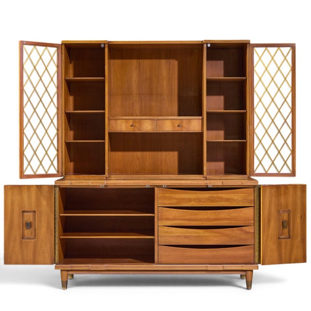 John Widdicomb Mid Century Walnut and Brass Credenza With Hutch For Sale - Image 12 of 14