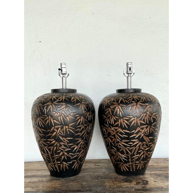 Vintage Glazed Ceramic Bamboo Shoots Lamps - A Pair For Sale - Image 4 of 12