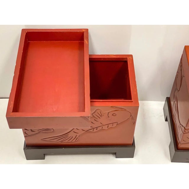 Asian Modern Orange Box on Stand Side Tables -Pair For Sale - Image 4 of 5