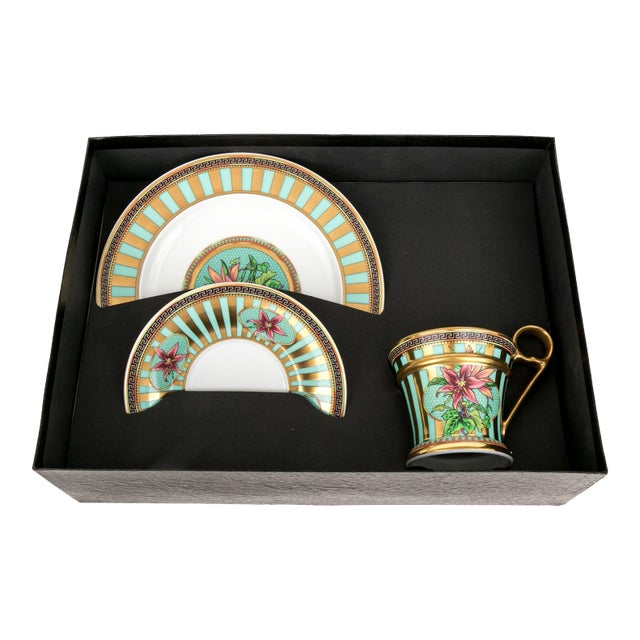 1990s Versace for Rosenthal “Floral Elegy” Porcelain Dessert Set – 3 Pieces, Boxed For Sale