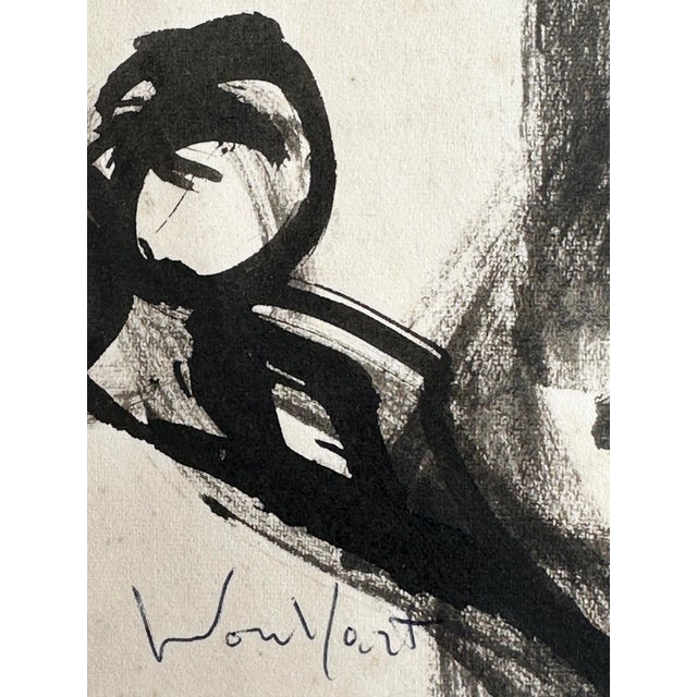Mid Century Vintage Black and White Painting on Paper of Woman Sewing Signed by Woulfart, With Mat For Sale - Image 4 of 4