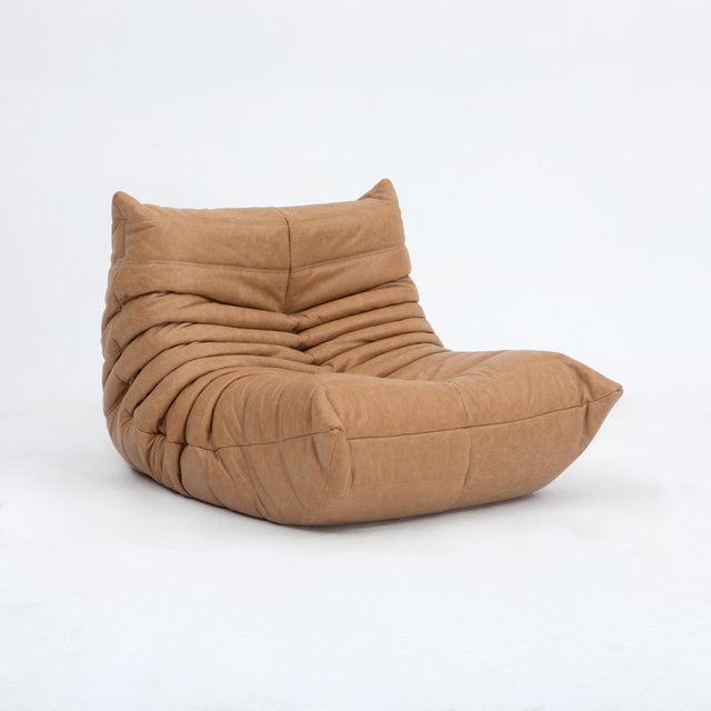 Vintage Ligne Roset Togo Chair and Ottoman in Burnt Orange Leather - Restored For Sale - Image 11 of 18