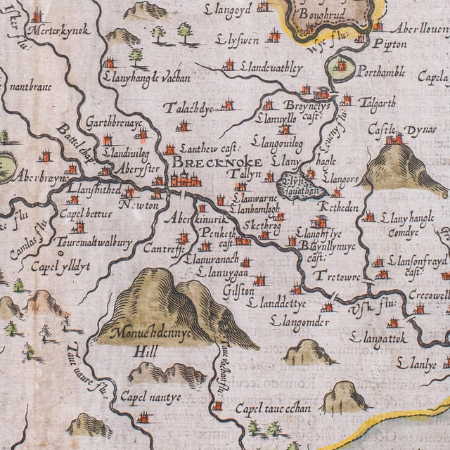 Antique Map, Brecknoc, Breconshire, English, Framed, Dual Sided, Jacobean, 1607 For Sale - Image 10 of 12