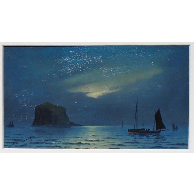 An original oil painting on panel by J.W. Greig, British artist late 1800's to early 1900's, "Moonlight Fishing off the...