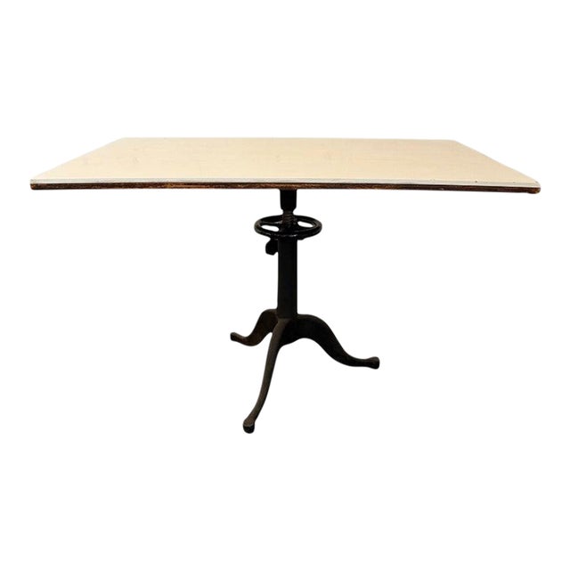 1930s Industrial Adjustable White Lab Ceramic and Cast Iron Pedestal Table For Sale