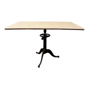 1930s Industrial Adjustable White Lab Ceramic and Cast Iron Pedestal Table