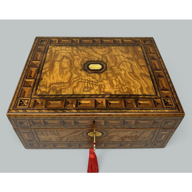 Antique Vintage English Burl Walnut Wooden Marquetry Victorian Jewelry Box 19Ct For Sale - Image 9 of 12