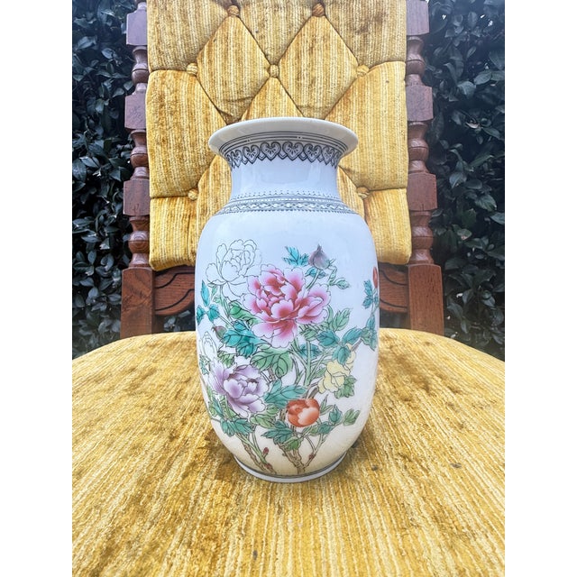 Vintage Chinese Porcelain Vase With Hand-Painted Peonies & Calligraphy, 20th Century For Sale In San Francisco - Image 6 of 6