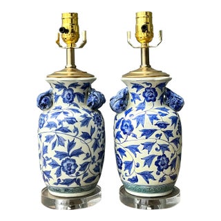 Vintage Asian Blue and White Floral Ceramic Lamps - A Pair For Sale